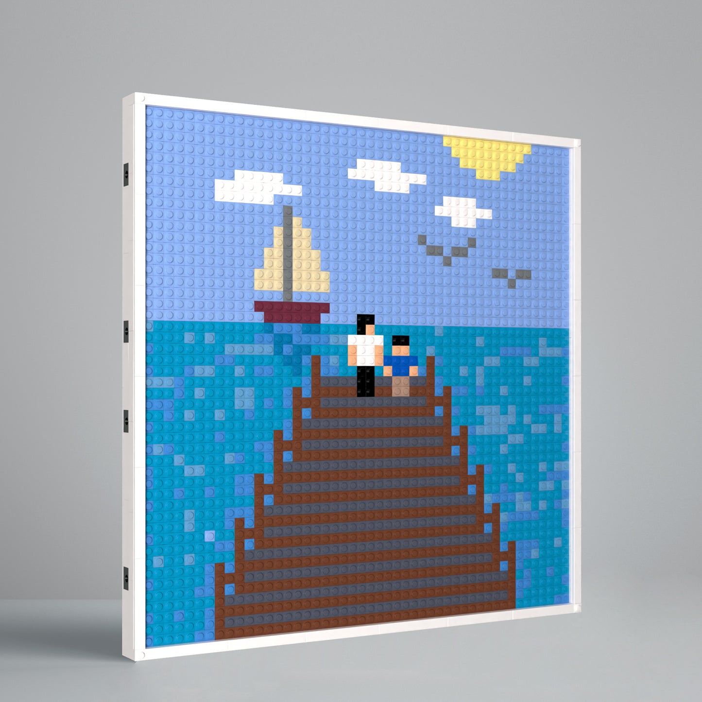 Seascape, A Father and Son Sitting on the Dock, Large Lego Compatible Pixel Art Jigsaw Puzzle