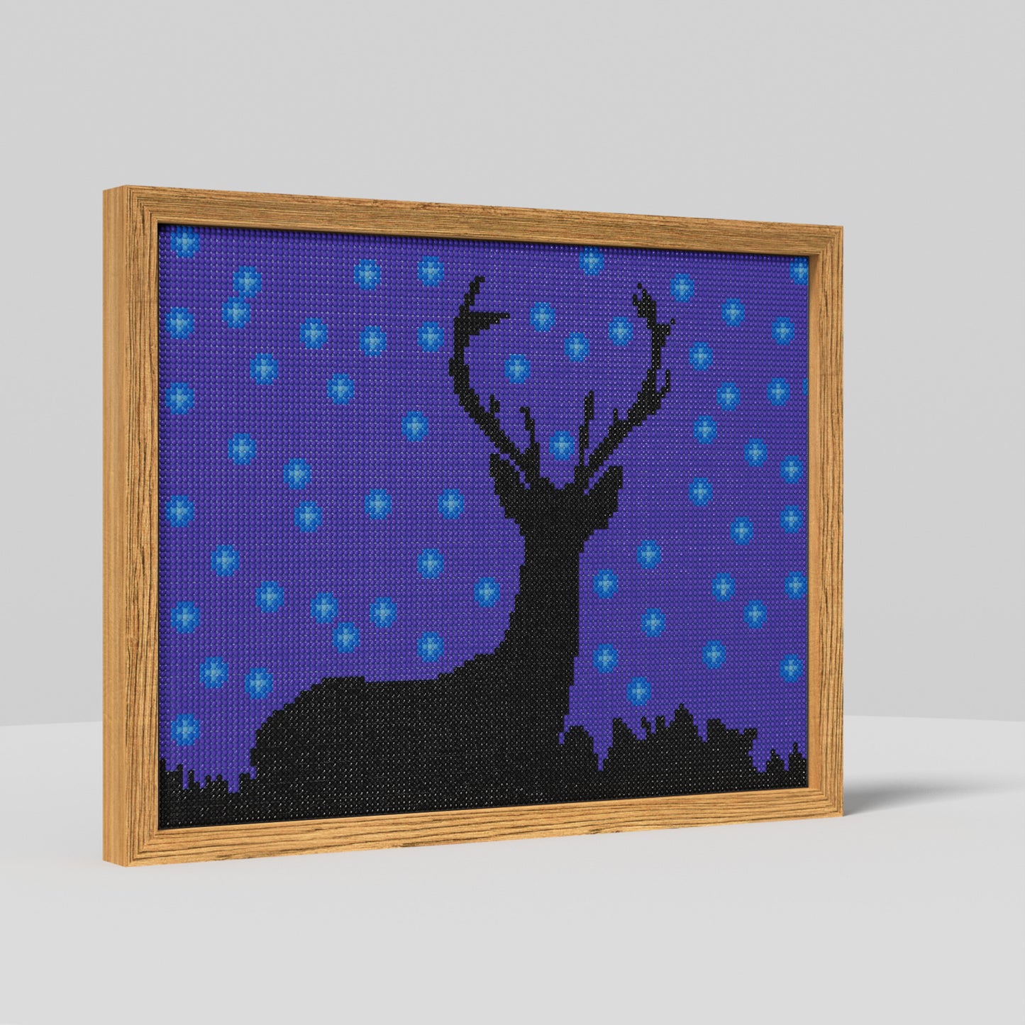 Night, a Deer Looking up at the Purple Sky Full of Stars, Simple Animal Theme Diamond Painting, 128*96 Dots, 26 Faces ABS Diamond, Elegant Solid Wood Frame