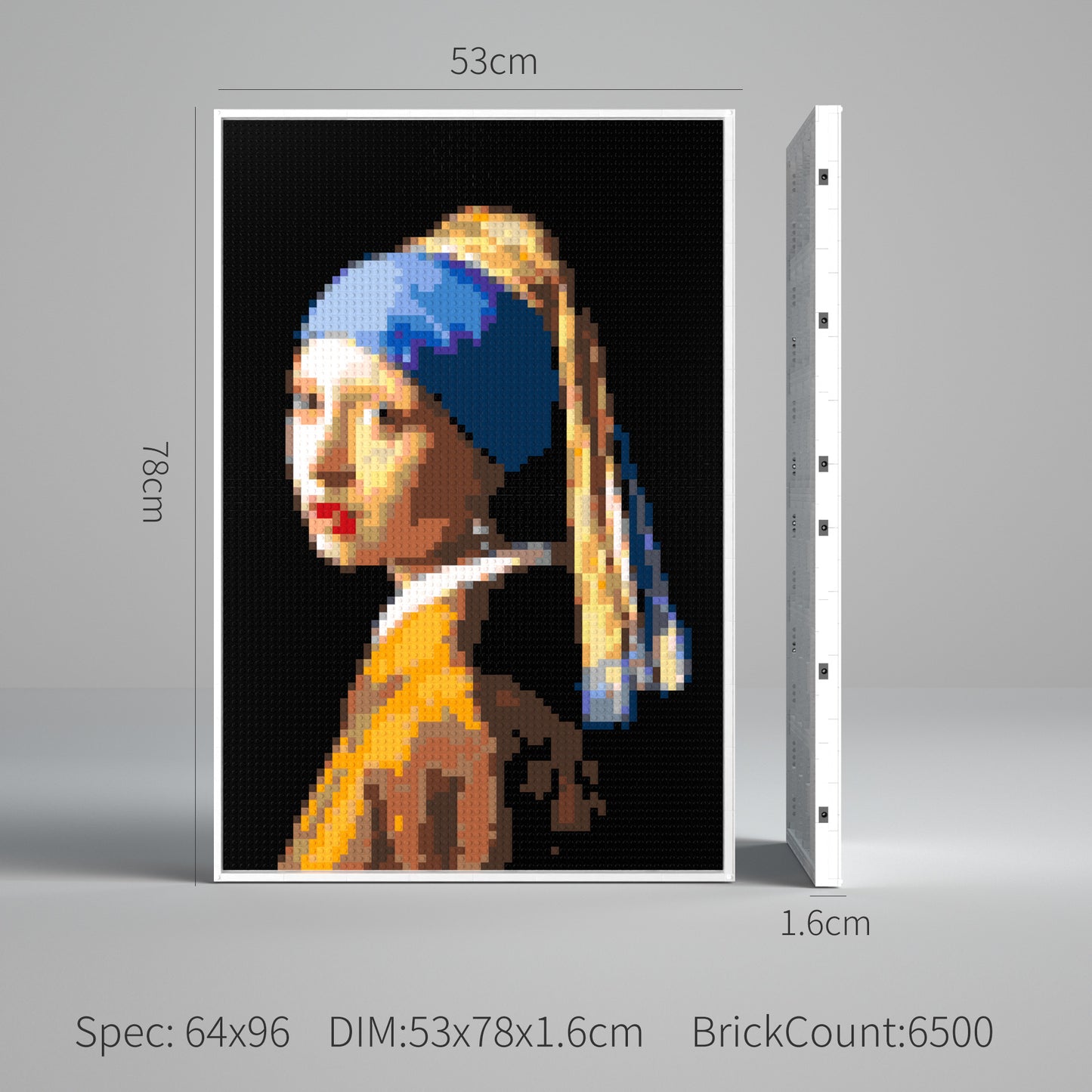 Girl with a Pearl Earring, Dutch Golden Age Masterpiece Building Block Pixel Painting, 64*96 Dots, 100% Compatible with Lego, Johannes Vermeer, Framed