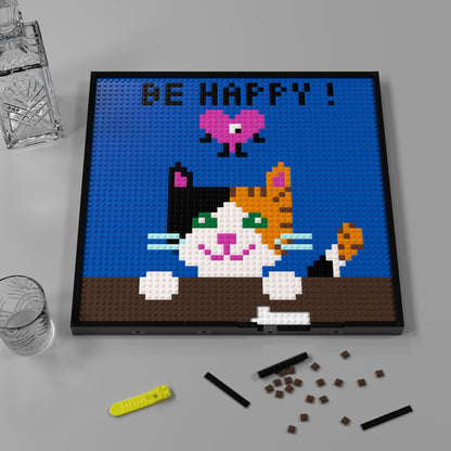 Happy Smiling Cat, Positive Cute Pixel Art, Large Lego Compatible Building Blocks DIY Jigsaw Puzzle