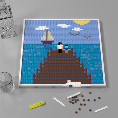 Seascape, A Father and Son Sitting on the Dock, Large Lego Compatible Pixel Art Jigsaw Puzzle