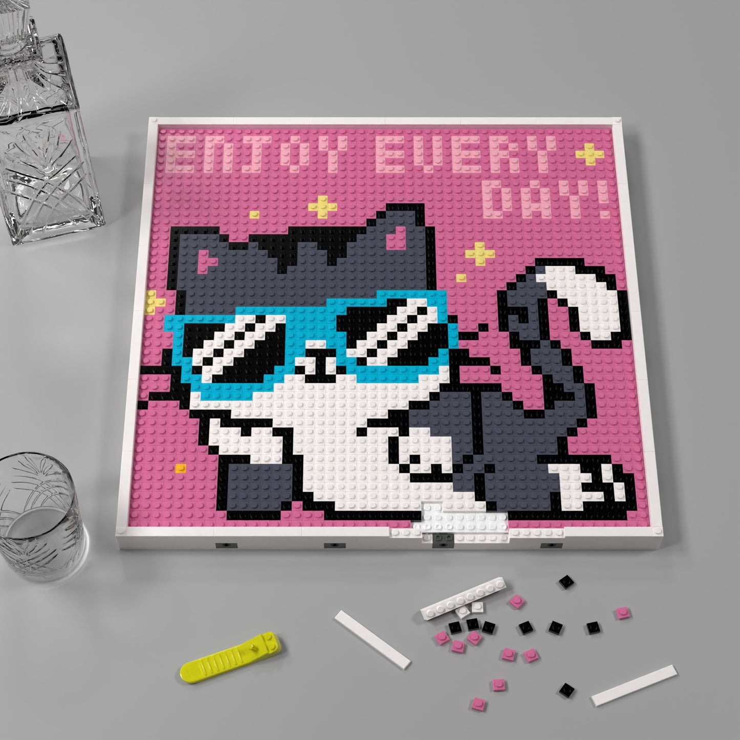 Cool Cat with Sunglasses, Cartoon Leisurely Pixel Art, Lego Compatible Building Blocks DIY Jigsaw Puzzle