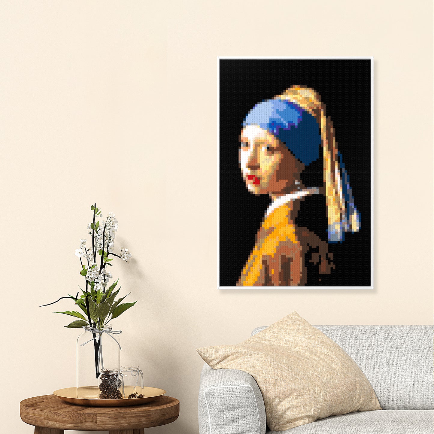 Girl with a Pearl Earring, Dutch Golden Age Masterpiece Building Block Pixel Painting, 64*96 Dots, 100% Compatible with Lego, Johannes Vermeer, Framed