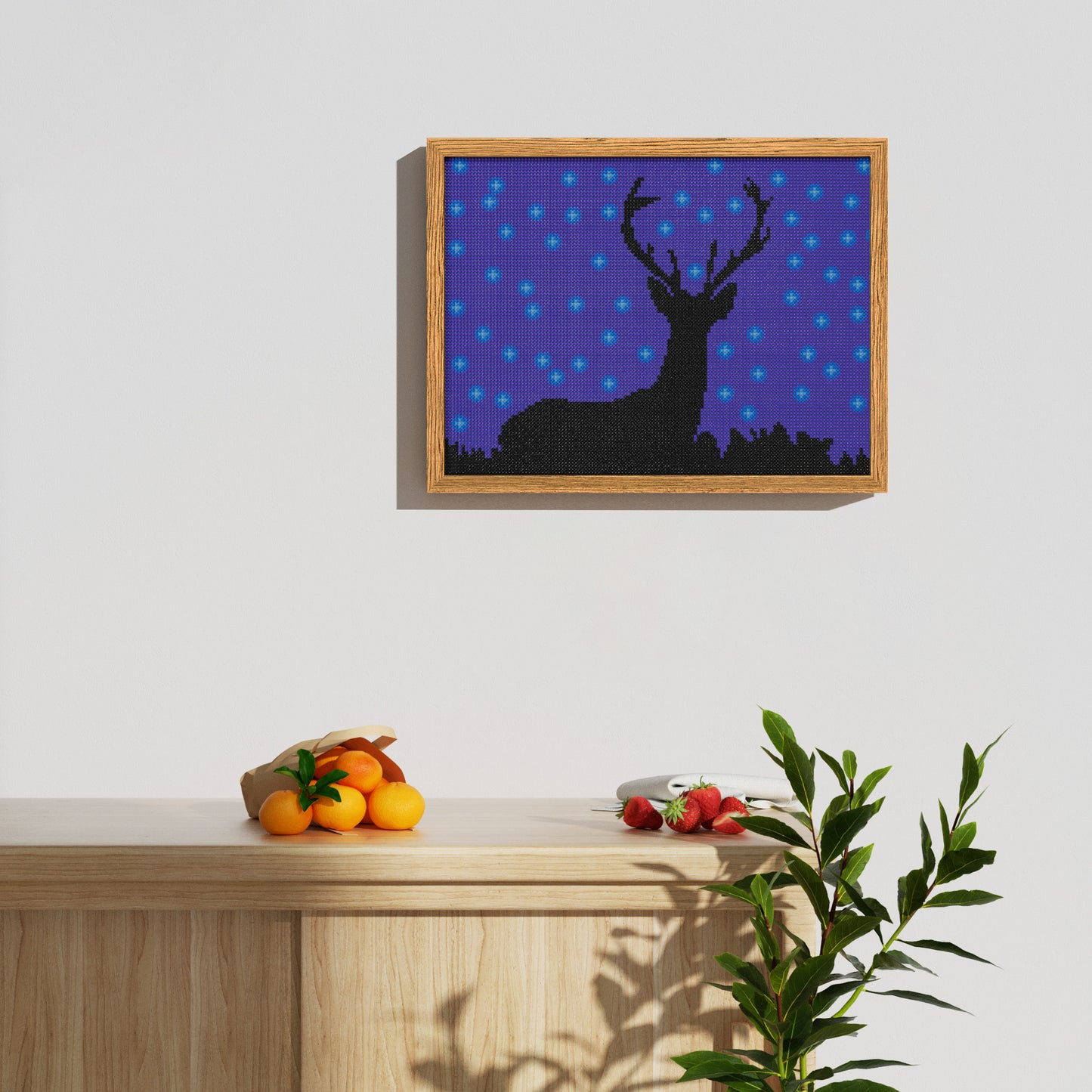 Night, a Deer Looking up at the Purple Sky Full of Stars, Simple Animal Theme Diamond Painting, 128*96 Dots, 26 Faces ABS Diamond, Elegant Solid Wood Frame