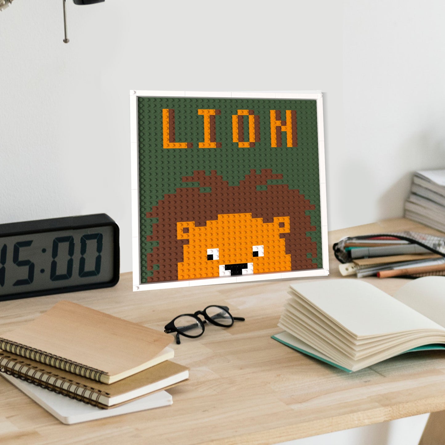 Cartoon Lion Building Brick Pixel Art With LION Logo - 32*32 Modular Compatible with Lego