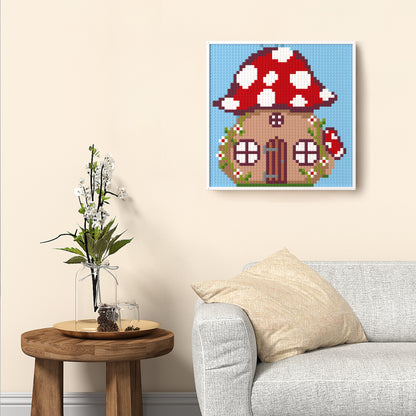 Little Red Mushroom House, Fairy Tale Forest Cartoon Pixel Art, Large Lego Compatible Building Blocks DIY Jigsaw Puzzle