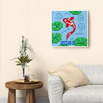 Red Koi Playing with Lotus, Lucky Pixel Art, Large Lego Compatible Building Blocks DIY Jigsaw Puzzle