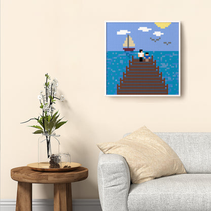 Seascape, A Father and Son Sitting on the Dock, Large Lego Compatible Pixel Art Jigsaw Puzzle