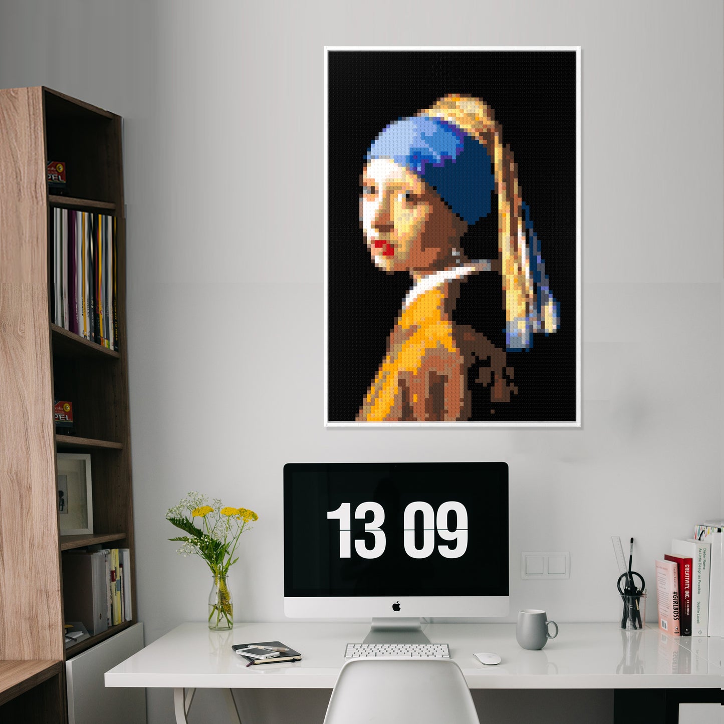 Girl with a Pearl Earring, Dutch Golden Age Masterpiece Building Block Pixel Painting, 64*96 Dots, 100% Compatible with Lego, Johannes Vermeer, Framed