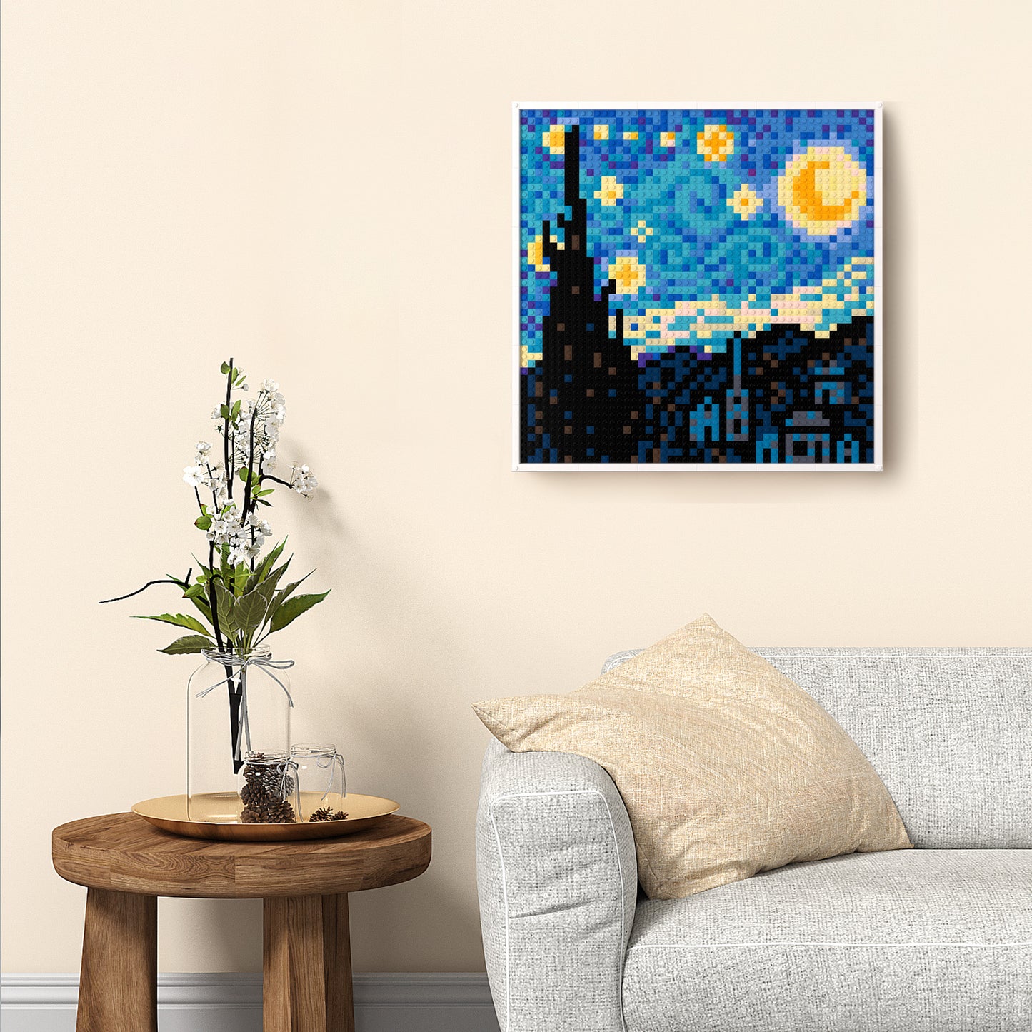 Van Gogh's The Starry Night, Post-Impressionist Masterpiece Pixel Reproduction, Large Lego Compatible Building Blocks DIY Jigsaw Puzzle