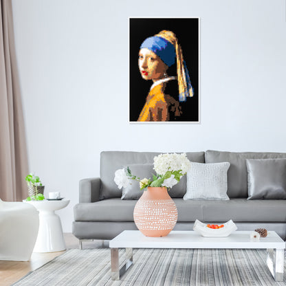 Girl with a Pearl Earring, Dutch Golden Age Masterpiece Building Block Pixel Painting, 64*96 Dots, 100% Compatible with Lego, Johannes Vermeer, Framed