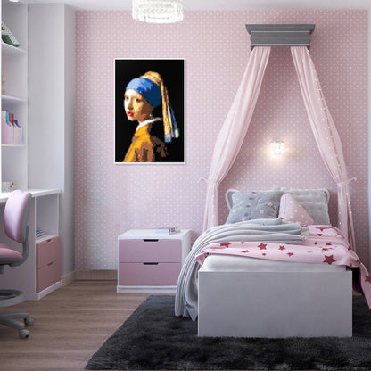 Girl with a Pearl Earring, Dutch Golden Age Masterpiece Building Block Pixel Painting, 64*96 Dots, 100% Compatible with Lego, Johannes Vermeer, Framed