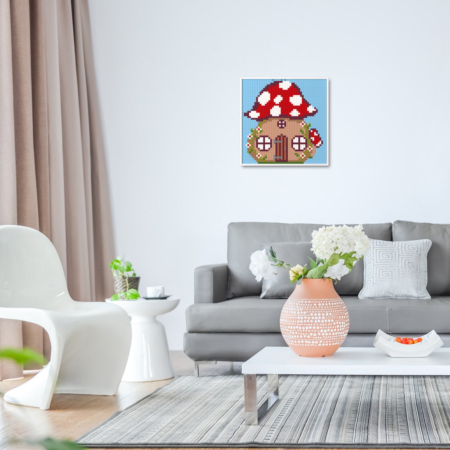 Little Red Mushroom House, Fairy Tale Forest Cartoon Pixel Art, Large Lego Compatible Building Blocks DIY Jigsaw Puzzle